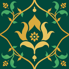 Mughal-inspired seamless pattern with ornamental vines, intricate details, gold and emerald green color palette
