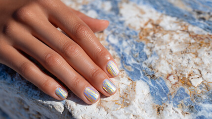 Glamorous hand resting lightly on marble surface, matte muted nails with neon stripes, minimalist composition emphasizing luxury and style