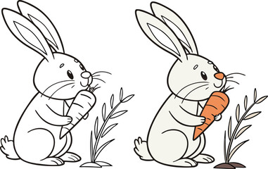 Two cartoon rabbits one line drawing one colored holding carrots bunny outline