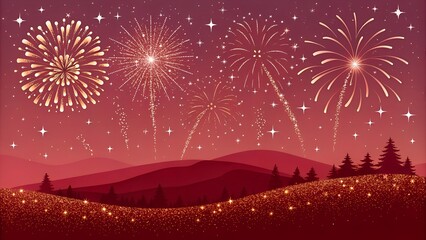 Golden Fireworks over Red Night Landscape with Sparkling Stars