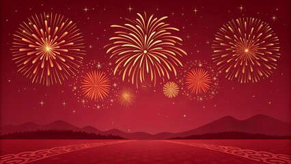 Golden Fireworks over Red Night Landscape with Sparkling Stars