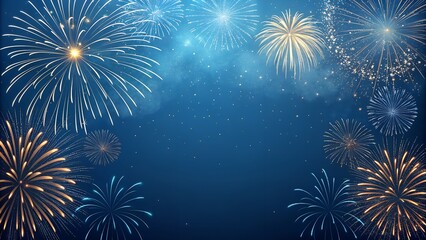 Fototapeta premium Golden Fireworks Frame on Blue Background