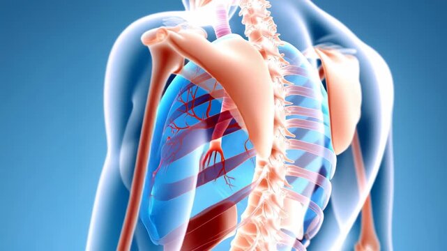 Human respiratory system: lungs trachea and bronchi in translucent torso for science guide