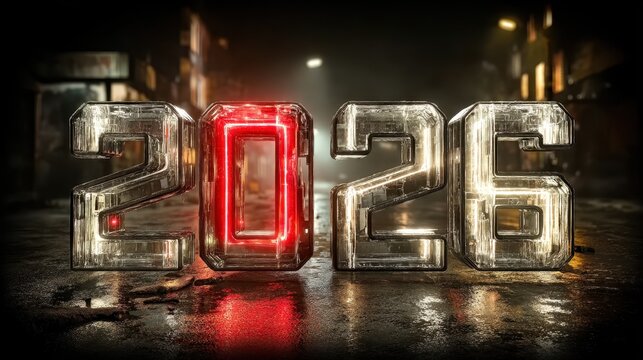 Futuristic Cityscape with 2026 Neon Numbers Illuminating a Street at Night with Reflection and Shadows