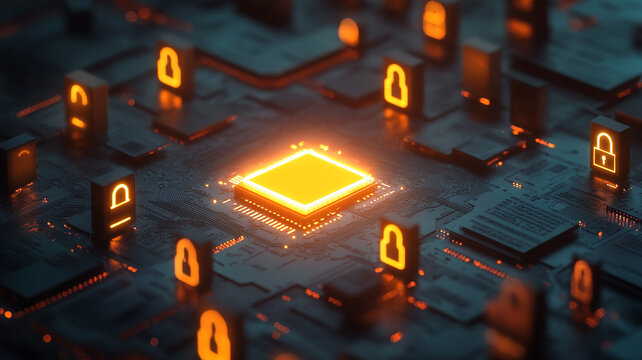 Digital Security Hub: A captivating macro shot of a central processing unit adorned with glowing padlocks, portraying robust data encryption and information security in the digital age.