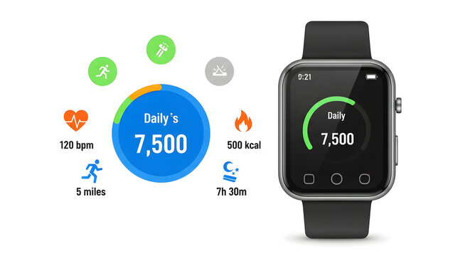 Flat design illustration of a modern smartwatch showcasing comprehensive daily fitness tracking data, like steps, calories, heart rate, and sleep, for a healthy active lifestyle