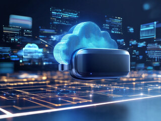 Cloud computing and Virtual Reality: A futuristic digital realm with a glowing cloud and VR headset, symbolizing the convergence of cloud technology and virtual reality.