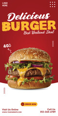 Delicious Burger Vertical Banner: Weekend Deal Ad with 40% Off for Restaurant Promotion.