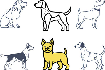 Obraz premium Six stylized dog illustrations in outline and flat color dogs canine
