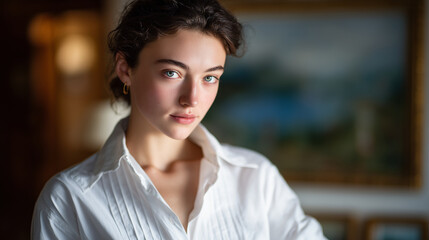 Fototapeta premium Elegant portrait of a young woman, neutral expression, white shirt softly lit by morning light, soft shadows adding depth and sophistication