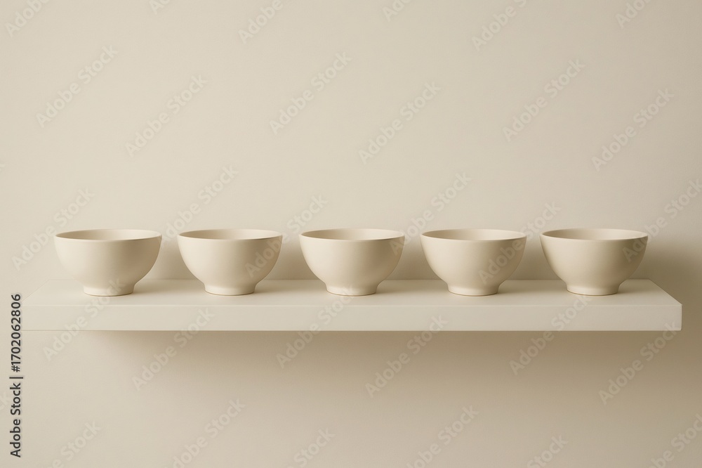 Aufkleber five empty bowls sitting on a shelf against a neutral background create a minimalist and stylish sti