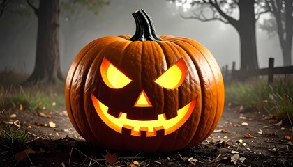 Glowing Jack OLantern on Spooky Forest Path with Halloween Celebration.