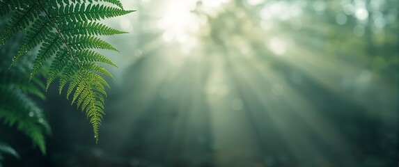 Fern frond with sunlight streaming through the trees in a misty forest creating a serene and peaceful natural environment