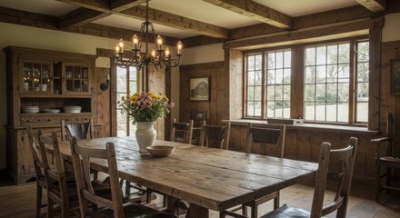 Sunlit traditional farmhouse dining room featuring a long wooden table under a vintage chandelier with exposed ceiling beams