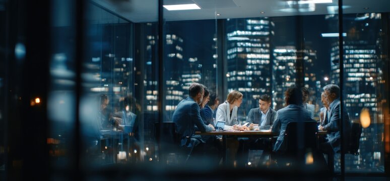 Nighttime Business Meeting in a Skyscraper