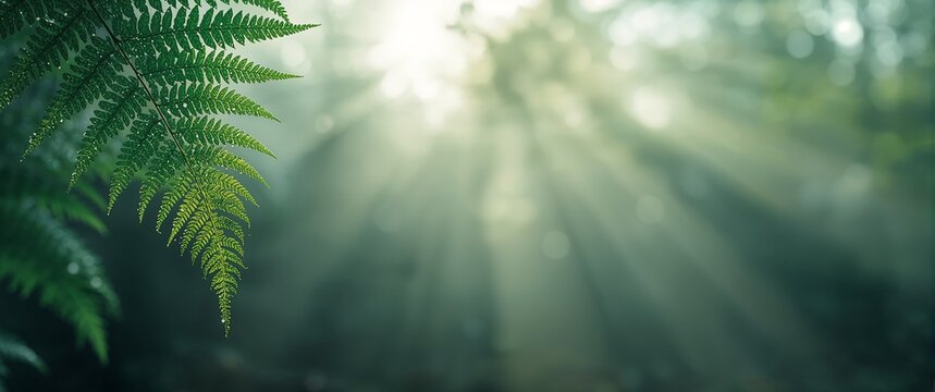 Fern frond with sunlight streaming through the trees in a misty forest creating a serene and peaceful natural environment