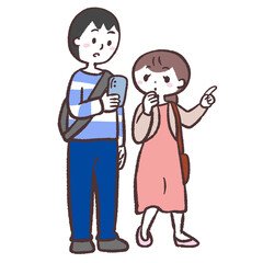 スマホで調べながら移動する男女のイラスト