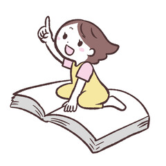 本の上に乗る女の子のイラスト