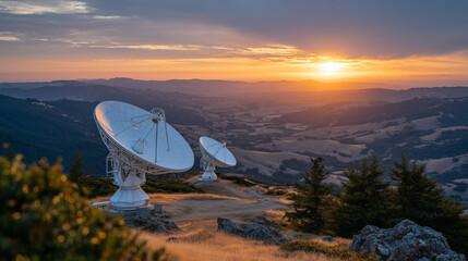 Satellite communication setup with dual dishes on hilltop, close-up view, sun low on horizon casting long shadows, rolling hills in the distance