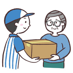 配達員から荷物を受け取るシニア男性のイラスト
