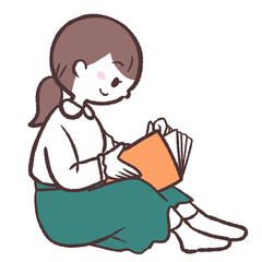 座って本を読む女性の横向きイラスト