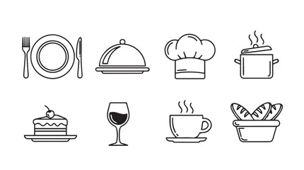 Collection of restaurant and food icons in a simple line drawing silhouette style