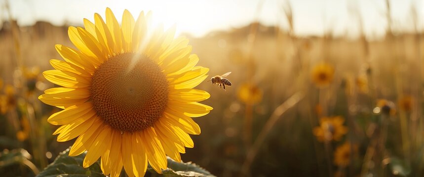 Close up of a vibrant sunflower with a bee flying nearby in a field bathed in warm sunlight during a beautiful summer day - Powered by Adobe
