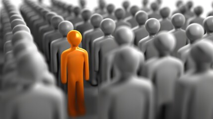Single Orange Figure Standing Out Among Gray Crowd of People in Conceptual Business or Leadership Scene
