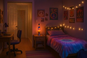 Cozy teenager bedroom with retro decorations, illuminated by lava lamp and string lights, creating a relaxing and nostalgic atmosphere