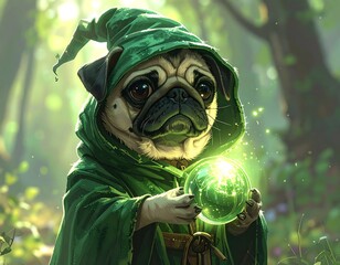 A pensive pug, shrouded in a vibrant green cloak, holds a luminous emerald orb, set against a backdrop of lush forest foliage.