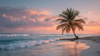 Tropical beach scene at dawn with palm tree, waves gently washing ashore, and a colorful sky