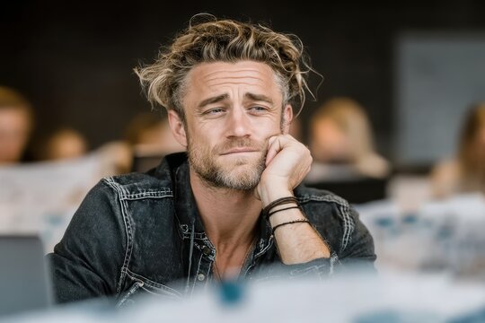 Thoughtful man with tousled hair resting chin on hand in a casual work environment