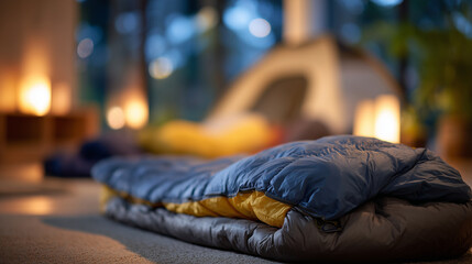 Neatly arranged sleeping bag on floor, other sleeping bags blurred behind, soft glow from indoor lamps, capturing a sense of calm and restful environment