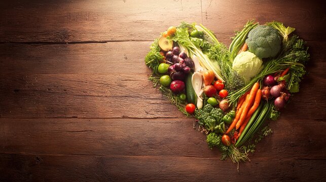shallow. Fresh vegetables arranged in heart shape on rustic wooden table with warm natural tones and soft lighting. menu design.