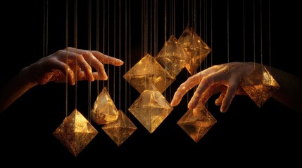 Two human hands reaching for several hanging golden geometric figures on a dark black background.