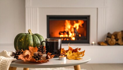 Inviting autumn setting with a warm fire, pumpkin, hot coffee, and colorful fall leaves, capturing the essence of a cozy seasonal home