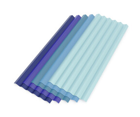 Multi colored metal roofing sheets, industrial products, 3D rendering.