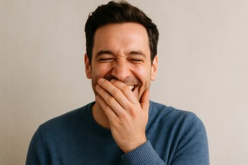 Studio portrait of a young man covering his mouth with his hand while laughing out loud, expressing joy and amusement
