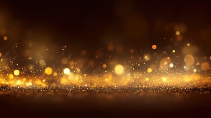 Abstract golden bokeh lights and glitter particles on dark brown black background, luxury festive wallpaper design with sparkling effect for Christmas celebration card or poster.
