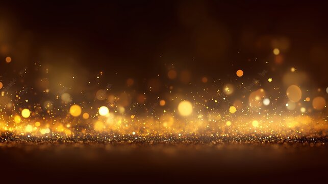 Abstract golden bokeh lights and glitter particles on dark brown black background, luxury festive wallpaper design with sparkling effect for Christmas celebration card or poster.