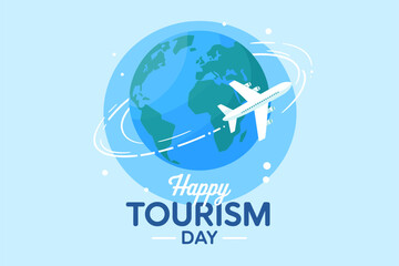 Happy tourism day vector illustration, globe with airplane design, decorative travel celebration art, modern holiday concept graphics, global journey theme