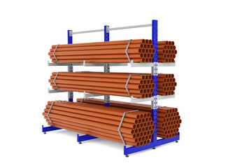 Cantilever racking for industrial goods. industrial warehouse racking, 3D rendering.