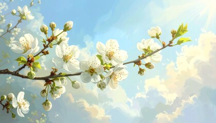 Fototapeta premium White Cherry Blossoms Branch Against a Blue Sky A Springtime Scene
