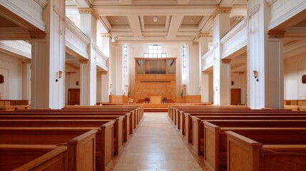 Serene Church Interior with Rows of Pews and Organ, Featuring Architectural Details and Natural Light