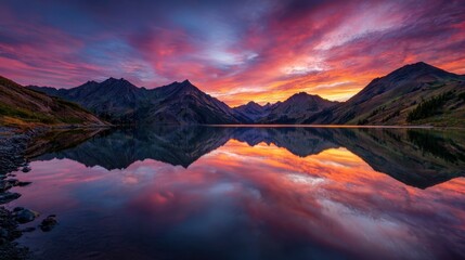 Beautiful sunset over calm mountain lake with dramatic colorful clouds reflecting in the water.