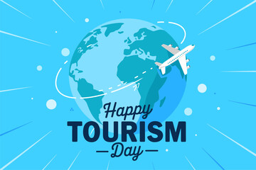 World tourism day vector design, airplane flying around globe, global travel celebration illustration, decorative holiday art, modern journey theme graphics