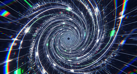 Abstract Futuristic Spiral Tunnel with Glowing Neon Light Data Stream Backdrop