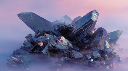 Crystal cluster with sharp facets in purple and blue tones with mist