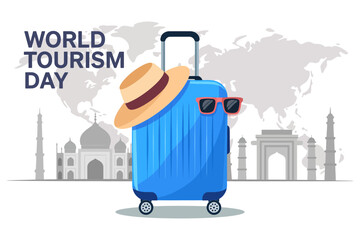 World tourism day celebration illustration, airplane flying around globe, decorative global travel vector design, holiday journey concept art graphics