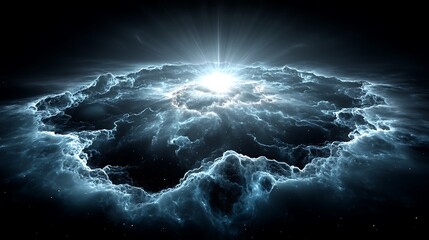 the image presents a celestial phenomenon featuring a circular, cloud like formation against a dark backdrop dotted with star like points